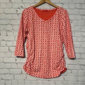 Fresh Produce Orange/White Pullover Shirt 3/4 Sleeve Ruched Sides V-Neck